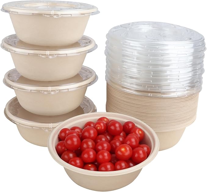 JAYEEY 40 oz Disposable salad bowls with lids,Sugarcane Paper Bowls take away food containers Plant Fibers Freezer Safe 25 Pack