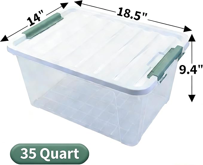 4-Pack Latching Lid Box, Large Clear Plastic Storage Bins, 35 Quart, Green Latch, Stackable Container Boxes for Home, Bathroom, Kitchen and Office Organization