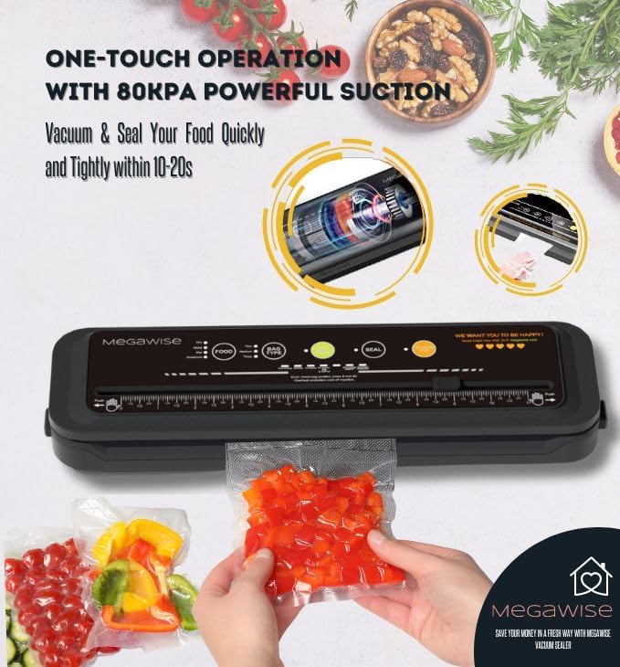 MEGAWISE Model B 2025 Vacuum Sealer | Powerful & Compact | One-Touch Automatic Food Sealer for Cold, Wet, Moist, and Dry Foods | Compatible with Thick, Medium, and Thin Bags | OMNI MACHINE (Black)