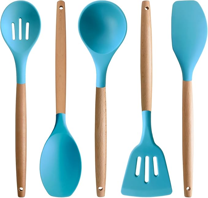 IOCBYHZ Silicone Kitchen Cooking Utensils Set, 5-Piece Non-Stick Silicone Kitchen Utensils Spatula Serving Spoons Turner Ladle Set w Wooden Handle Heat Resistant Cooking Gadgets for Nonstick Cookware