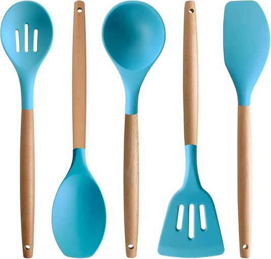 IOCBYHZ Silicone Kitchen Cooking Utensils Set, 5-Piece Non-Stick Silicone Kitchen Utensils Spatula Serving Spoons Turner Ladle Set w Wooden Handle Heat Resistant Cooking Gadgets for Nonstick Cookware