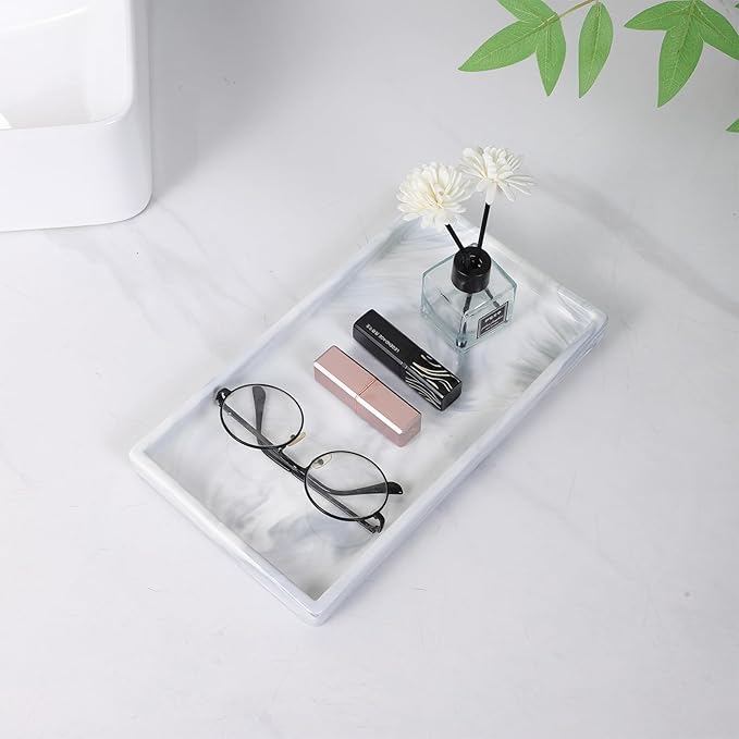 Eyrozia Bathroom Vanity Tray - 11'' Ceramic Rectangle Countertop Tray, Heavy-Duty Perfume Organizer Plate, Jewelry Ring Tray, Kitchen Soap Dispenser Stone Trays, Marble White