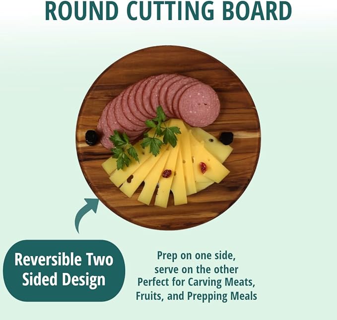 EcoDecors 12" Round Solid Teak Cutting Board, Edge Grain, FSC Certified, Large Premium Wood Carving Board for Kitchen