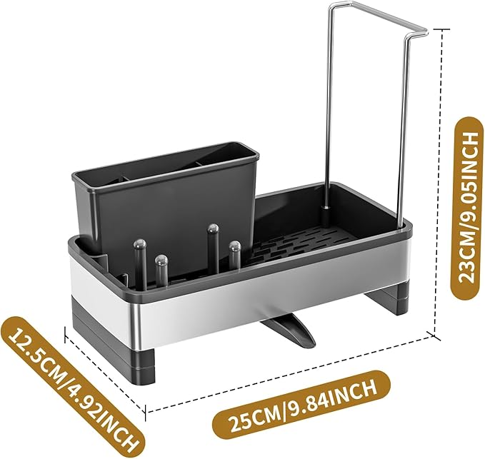 Sponge Holder for Kitchen Sink, Stainless Steel Sink Caddy with Brush Holder, Dishcloth Rack and Holds Soap Dispenser, Auto-Drain Rustproof Countertop Organizer (Black)