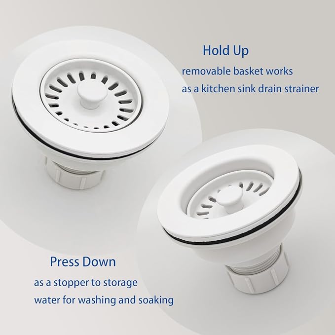 White Kitchen Sink Drain Assembly, 3-1/2 inch Polymer Kitchen Drain Strainer Kit with Removable Basket Strainers Stopper Matching for Granite/Fireclay Sinks