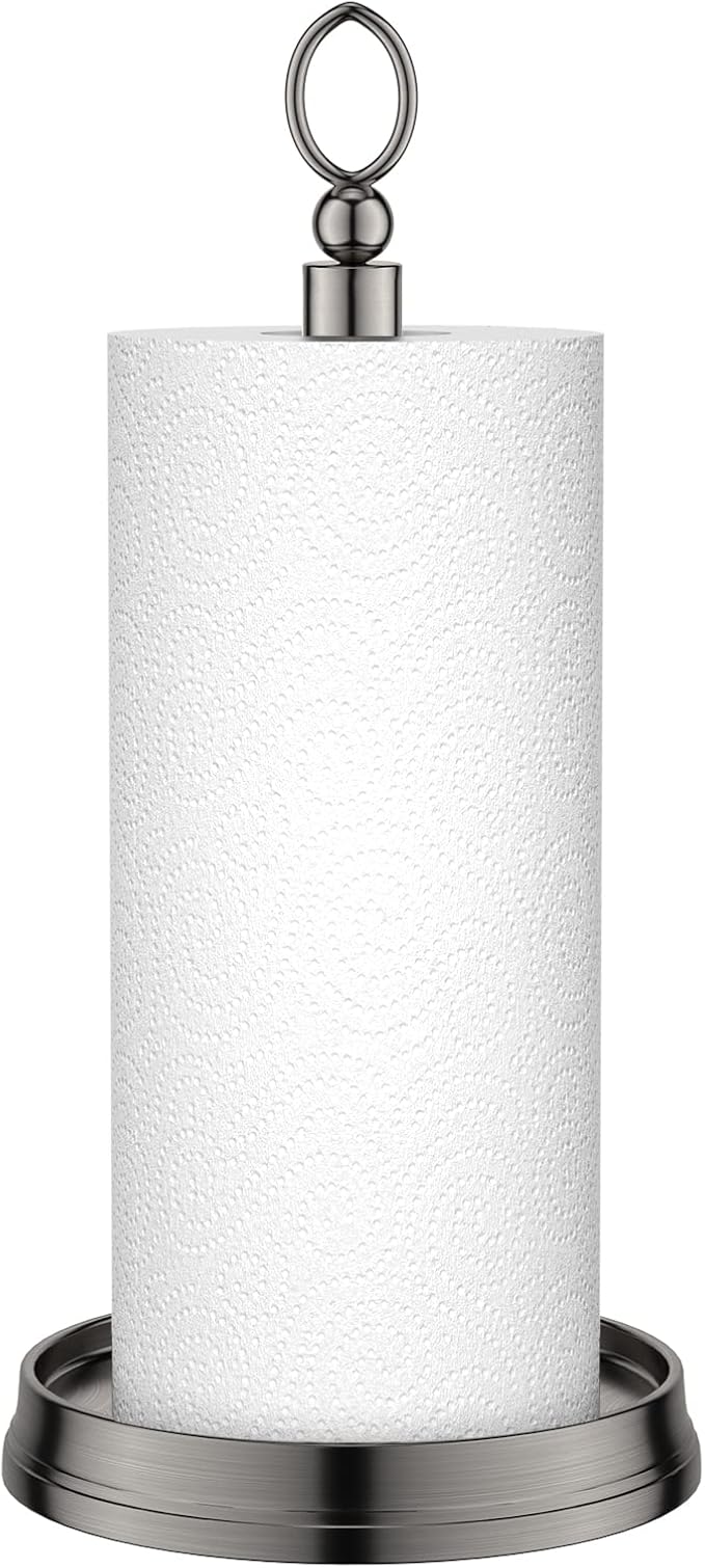 KASUNTO Paper Towel Holder With Heavy Weighted Base - Steel Countertop Stand for Kitchen, Bars & Dining Tables - Fits Standard & Jumbo Rolls - Brushed Nickel