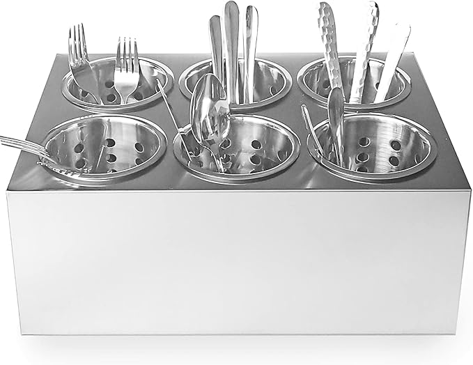 overstockedkitchen Commercial 6-Hole Stainless Steel Cylinder Flatware Silverware Utensil Holder Organizer Caddy