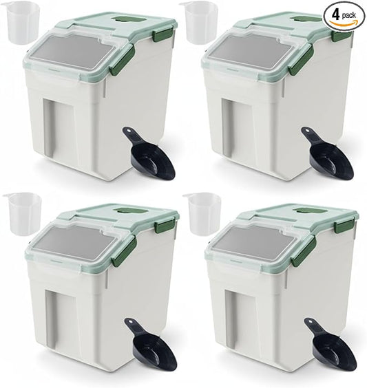 Large Flour Storage Container, 4-Pack 25lbs Rice Containers with Measuring Cup & Scoop, BPA Free Rice Dispenser, Cereal & Dog Food Containers, Kitchen Organizer for Beans, Oatmeal and Grains (Green)