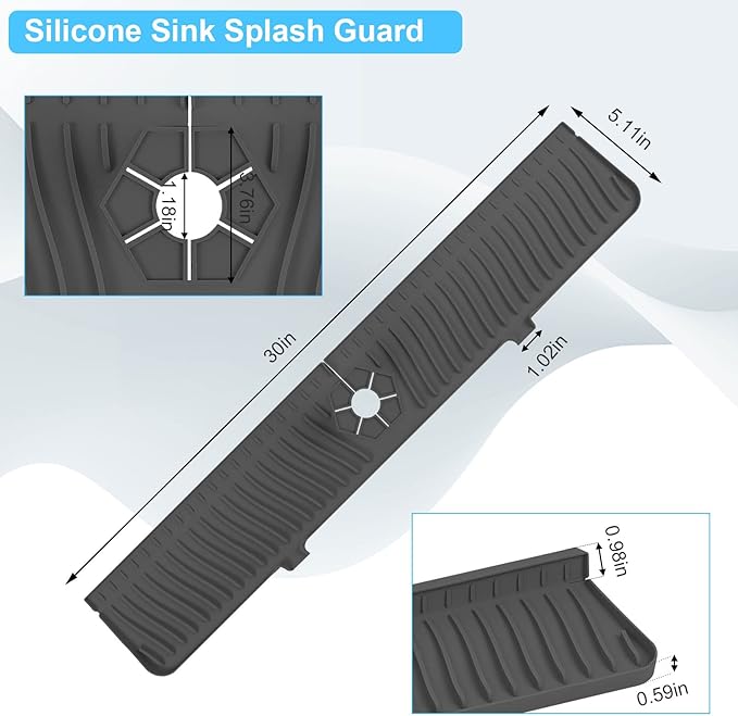 Derlights 30 inch Sink Splash Guard Mat,Silicone Faucet Handle Drip Catcher Tray, Longer Silicone Sink Mat for KitchenBathroom, Drip Protector Splash Countertop (black)