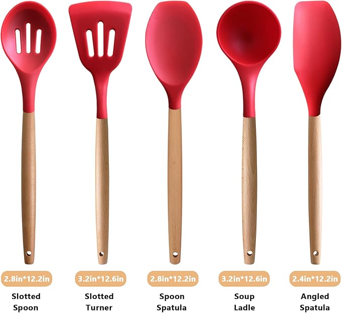 IOCBYHZ Silicone Cooking Utensils Set 5Pcs Non-Stick Silicone Kitchen Utensils for Cooking, Heat Resistant Kitchen Gadgets Spatula Spoon Turner Set with Wooden Handles for Non-Stick Cookware BPA Free