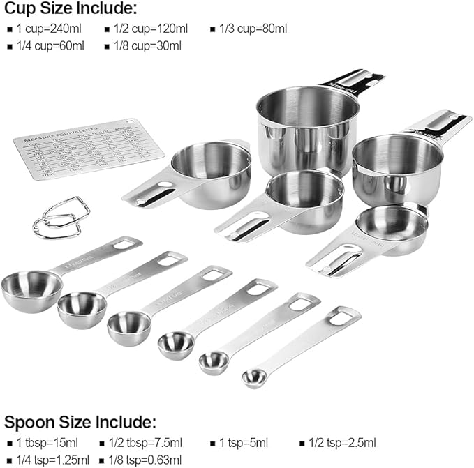 KUBEMUEG Measuring Cups and Spoons Set Heavy Duty 304 Metal Stainless Steel Measuring Cup Spoon Kitchen Gadgets for Cooking Baking (Set of 14)