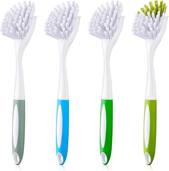 Dish Brush with Handle Kitchen Scrub Brush Pot and Pan Cleaning Dish Scrubber with Stiff Bristle for Cookware Sink Washing Household, 4 Colors, 11.02 x 3.15 x 0.98 Inch(4 Pcs)