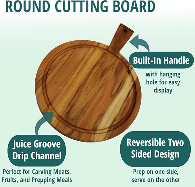 EcoDecors 14" Round Teak Cutting Board with Handle, FSC Certified Solid Wood, Edge Grain with Juice Groove, Carving Board for Kitchen & Prep