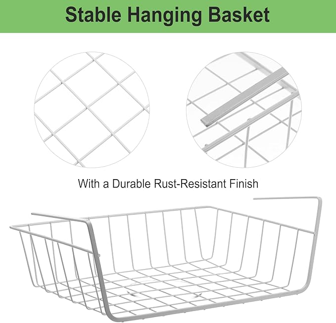 4-Pack White Under Cabinet Storage Baskets – Hanging Shelf Organizers for Kitchen, Pantry, Desk & Bookshelf – No-Tool Installation, Space-Saving Design