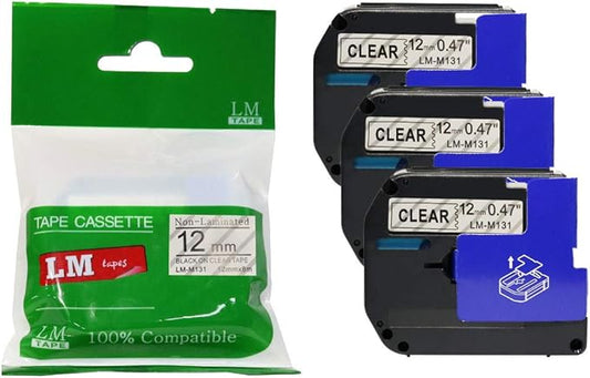 3/Pack LM Tapes - Premium Compatible 1/2" (12mm) Black on Clear M Series P-Touch Tape, Replaces M131