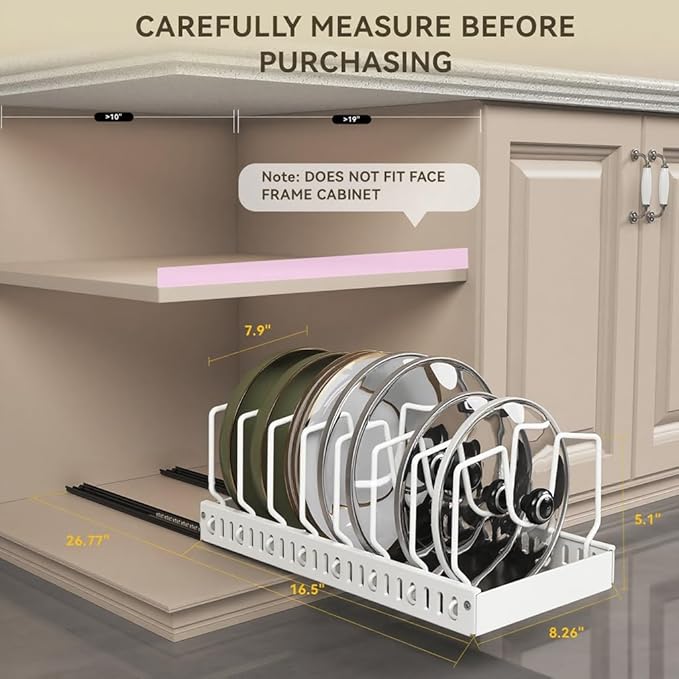 Pots and Pans Organizer Under Cabinet, Pull-out Pots and Pans Organizer, Under Cabinet Pot Lid Holder, Sliding type Pots and Pans Storage with 8 Adjustable Dividers for Kitchen