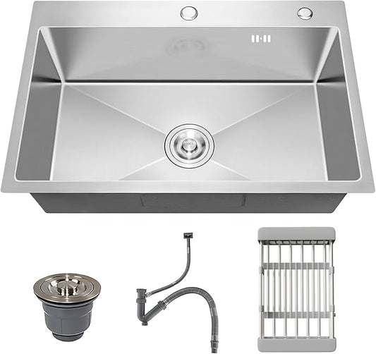30-inch Single Bowl Workstation Kitchen Sink, Drop-in/Top-Mount Stainless Steel with Nano Coating & Basket Strainer, 30"x18"