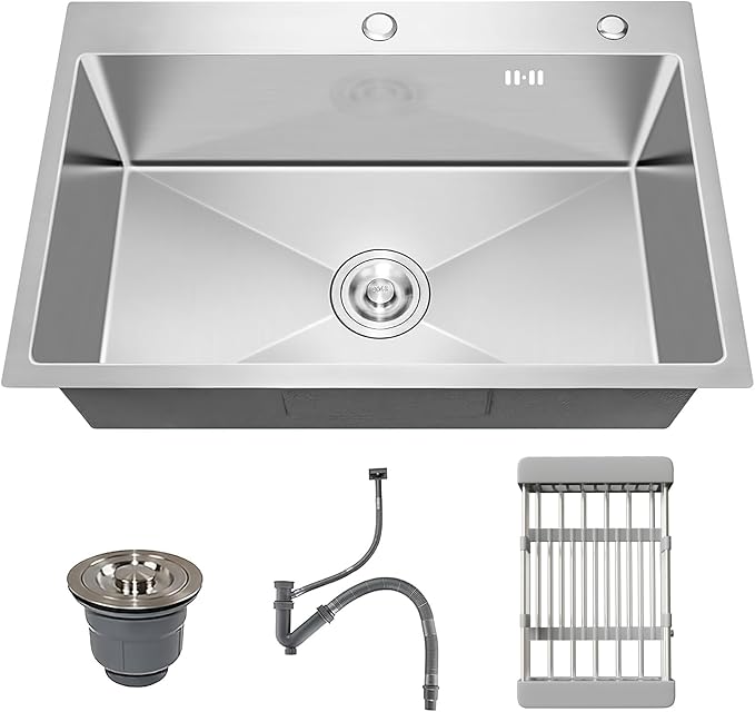 33" x 19" Drop-In Kitchen Sink, 9" Deep Single Bowl Topmount with Nano Coating, Stainless Steel for Kitchen & Laundry Room, Includes Accessories