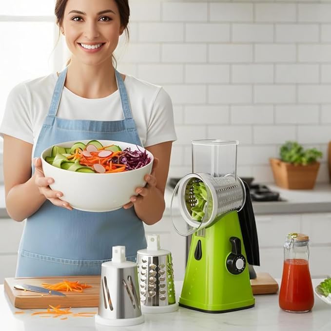 5 In 1 Food Chopper, 2026 New Rotary Cheese Grater - 3 Interchangeable Blades Manual Speed Round Food Slicer, Nut Grinder with Strong Suction Base (Red)
