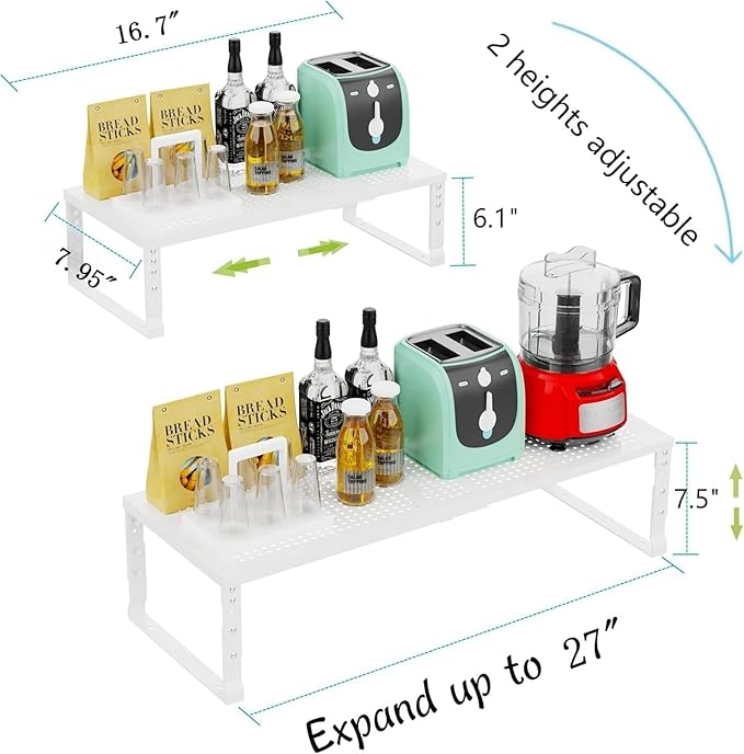 Jojocross Expandable Cabinet Shelf Organizer Storage Spice Rack Shelves for Kitchen Stackable Adjustable Pantry Cupboard Bathroom Countertop Desktop(1Pack/White/Medium-with Hole)
