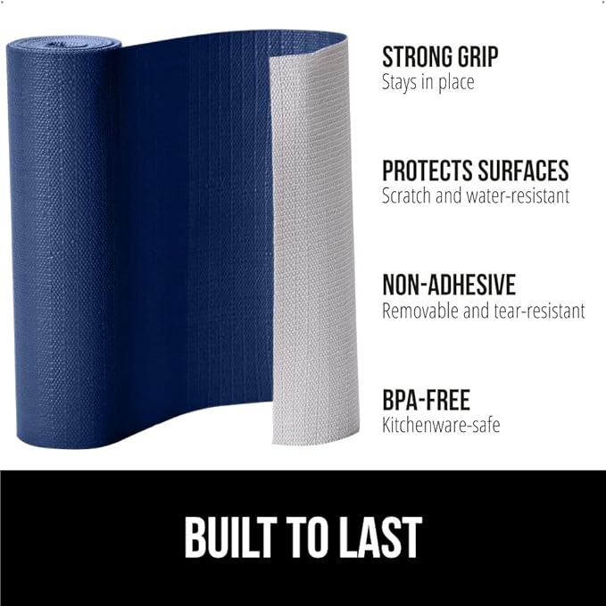 GORILLA GRIP DripGuard Shelf Liner, Non Adhesive Drawer and Kitchen Cabinet Protector, 20x240 Inch, Slip Resistant BPA Free Smooth Surface Plastic Liners for Cabinets, Bathrooms, Closets, Navy Blue