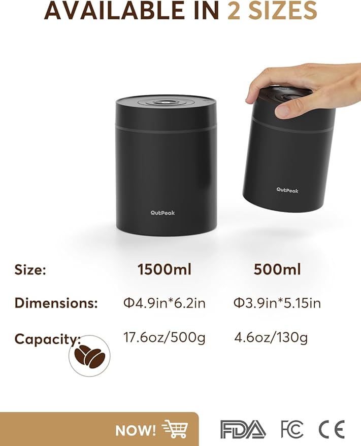 OUTPEAK Neo Latest Vacuum Coffee Canister, 0.5L for 4.6oz Coffee Beans, One-Button Operation, Small Airtight Coffee Canister with Scoop, Coffee Storage Container Stainless Steel (Champion's Choice)