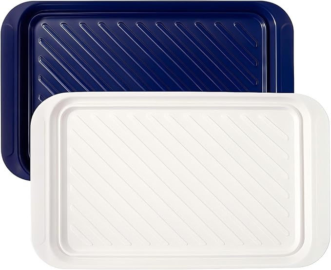 TP Grilling Prep and Serve Trays, 17 x 10.5 inch BBQ Trays for Cooked and Raw Foods, Set of 2 Melamine Serving Platters for Meats, Grill Accessories, Blue and White