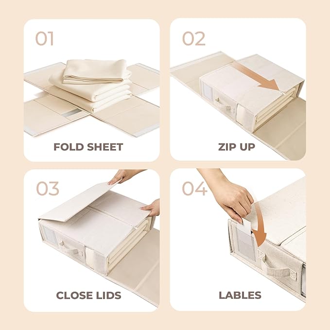 4Pack Linen Sheet Organizers and Storage - King/Queen Size Sheet Storage Organizer with Window, Foldable & Dustproof Sheet Organizer for Linen Closet for Summer Blankets & Sheet Sets,Off-white