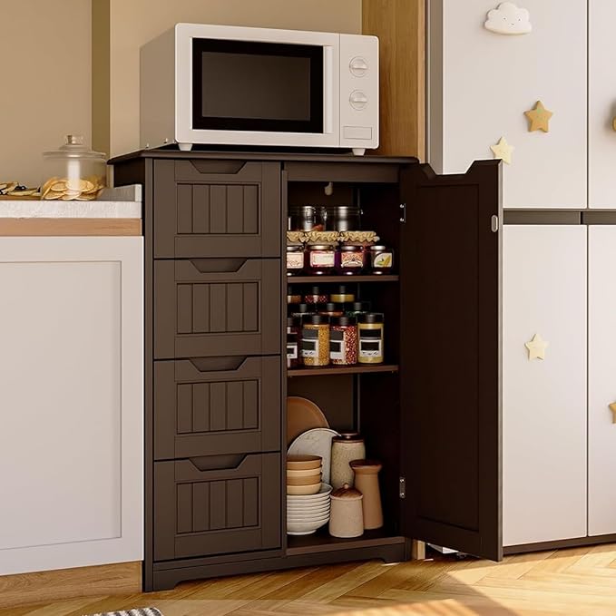 Gizoon Small Pantry Storage Cabinet with Door and Shelves, 33'' Pantry Cabinet Freestanding Wooden Bathroom Storage Cabinet with 4 Drawers for Kitchen and Dining Room, Dark Brown