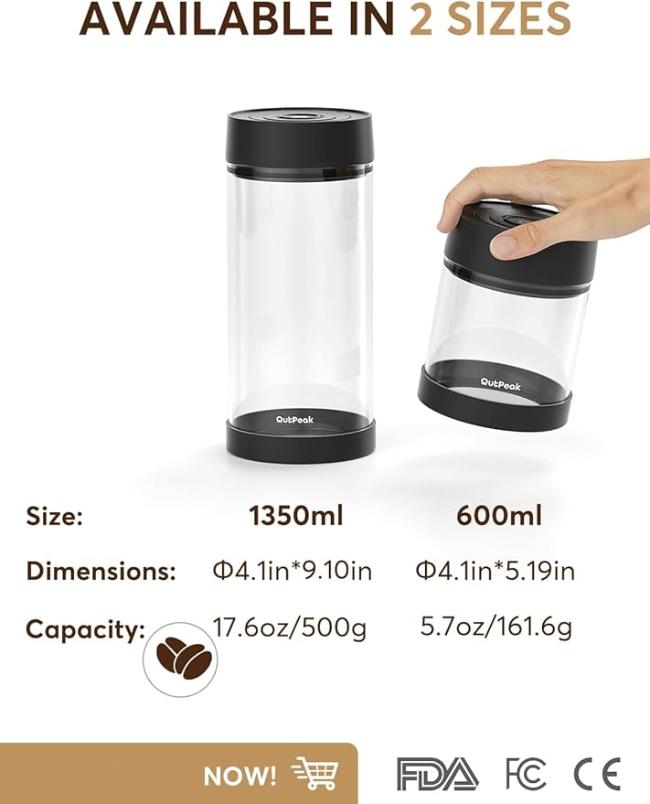 OUTPEAK Neo Latest Automatic Vacuum Coffee Canister, 1.35L for 17.6oz Coffee Beans, One-Button Operation,Large Airtight Coffee Canister with Scoop,Coffee Storage Container Glass(Champion's Choice)
