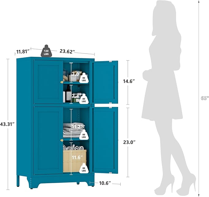 YAUWOH Blue Bathroom Floor Cabinet, Metal Storage Cabinet with 2 Adjustable Shelves & 4 Doors,Freestanding Sideboard for Dining Room,Living Room, Home Office