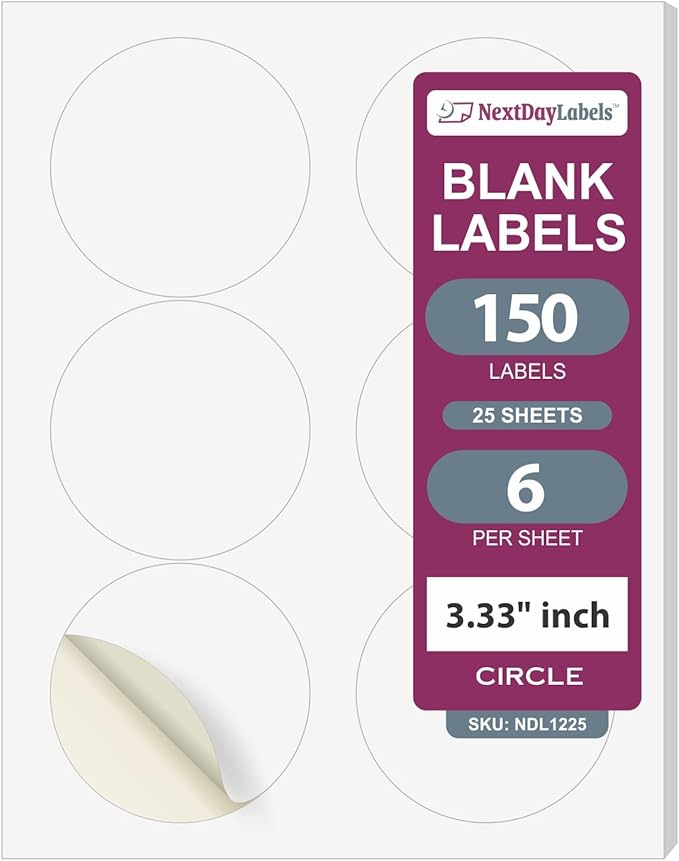 NextDayLabels 3.33 Inch Round Circle Stickers White Blank Labels for Laser Inkjet Printer - 6 Per Sheet Self-Adhesive Product Packaging Logo Made in USA - 150 Labels