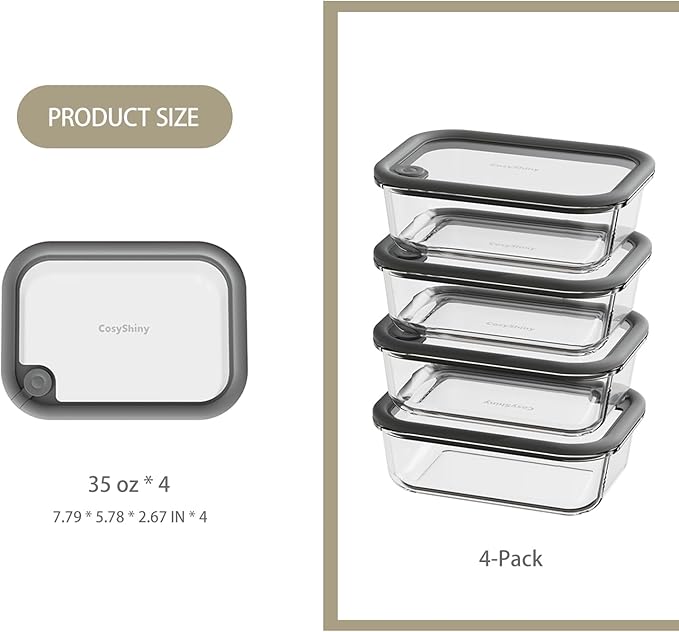 Glass Food Storage Containers with Silicone Glass Lids, Stainless Steel Salad Dressing Containers, Microwave-safe LeakProof Food Containers Set, 4-pack 35 oz（Grey）