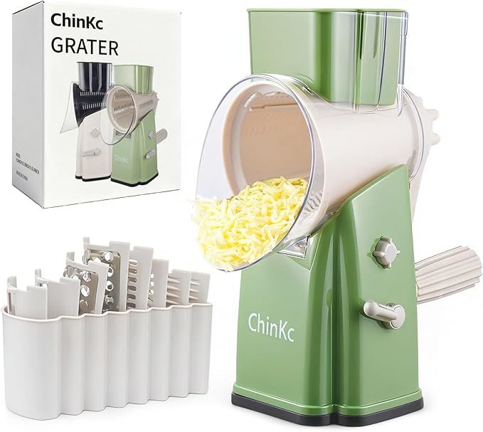 ChinKc Upgrade Rotary Cheese Grater Shredder with Handle, Strong Suction Base, Multi-purpose Rotary Grater Slicer with 5 Interchangeable Blades for Ice, Vegetables, Fruit, Nuts with Blade Storage Box