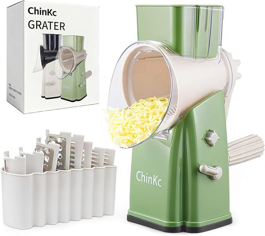 ChinKc Upgrade Rotary Cheese Grater Shredder with Handle, Strong Suction Base, Multi-purpose Rotary Grater Slicer with 5 Interchangeable Blades for Ice, Vegetables, Fruit, Nuts with Blade Storage Box