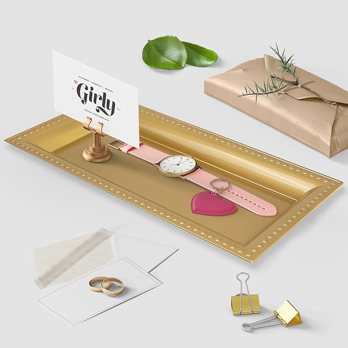 Leemxiiny 2 Pack Gold Bathroom Vanity Tray for Countertop with Beads, Small Plastic Toilet Tank Versatile Storage Organization Tray for Makeup, Perfume, Desk, Kitchen, Candles, 14"x7"x1", 36G