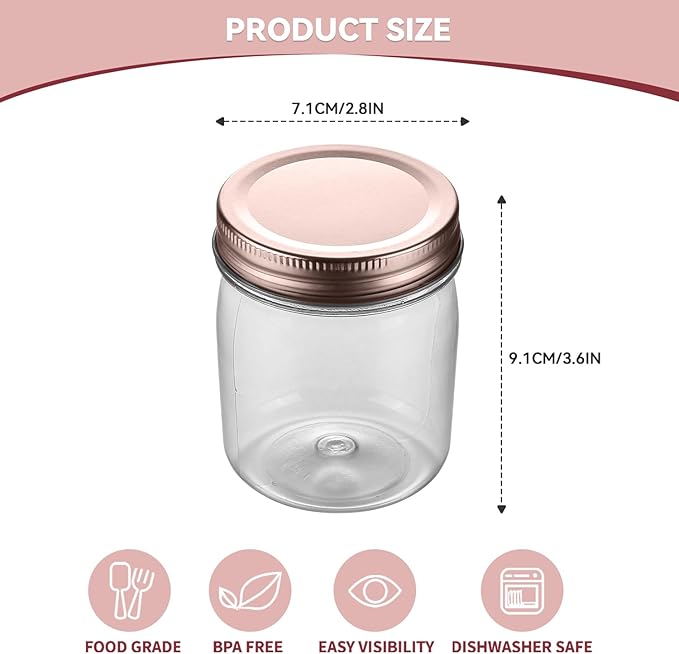 novelinks 8 oz Clear Plastic Jars with Airtight Lids, 8 Pack Plastic Mason Jars with Lids 8oz, Refillable Storage Slime Containers & Small Spice Jar for Kitchen Organization (8 Pack,Rose Gold)