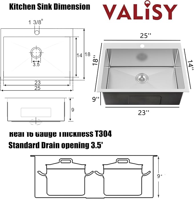 25x18 Inch Kitchen Sink Drop In, Topmount Kitchen Sink Stainless Steel Square Small Sinks, Single Bowl Kitchen Sinks For Laundry RV Office Outdoor Yard, VALYJ2518S