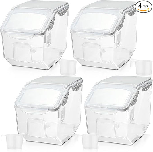 Umigy 4 Pack Rice Storage Container Flour Storage Bin with Wheels White Plastic Airtight Lid Boxes for Dog Pet Food Cereal Grain Dry Food (10 Liter / 20 lbs)