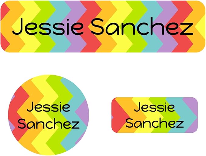 Name Bubbles - Kids Custom Name Labels for Daycare, School, Camp (144 Labels) - Personalized Waterproof Name Stickers for Clothes Tags, Lunch Boxes, Water Bottles, & School Supplies (Rainbow Zig-Zag)