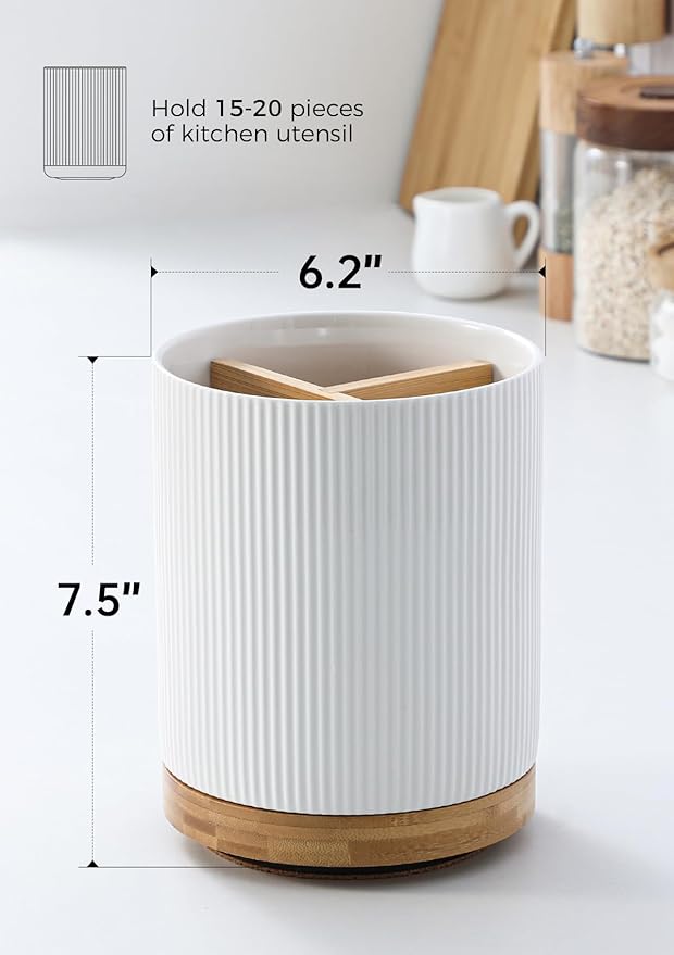 LoeJan 3 Compartment Utensil Holder, Extra Large Utensil Crock, Stable Ceramic Utensil Organizer, Cooking Tool Organizer Set for Kitchen Counter Farmhouse Decor (A-White(Vertical Stripe))