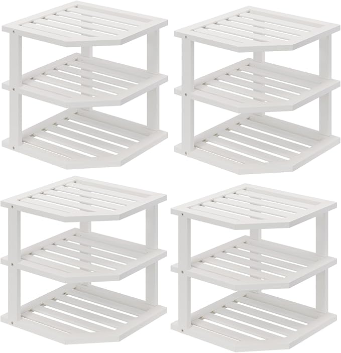 VERTORGAN 3 Tier Bamboo Corner Shelf(4 Pack),Dish Drying Rack,Plate Organizer,Kitchen Spice Rack for Countertop and Cabinet(White)