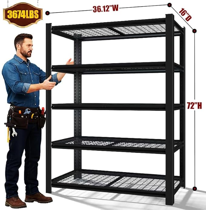 72" H x 36.12" W x 16" D Instrial 5-Heavy-Duty-Shelf Storage-Rack Adjustable Shed Shelving Metal Shelves Steel (Wire) Garage Bin Shelving Unit-s Organizer System for Basement/Kitchen, Black