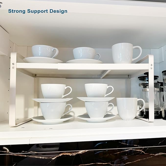 BAUCCA Set of 2 Expandable Cabinet Shelf Organizer, White Kitchen Countertop Shelves, Stackable Metal Pantry Storage Organizer for Cupboard, Spice Rack