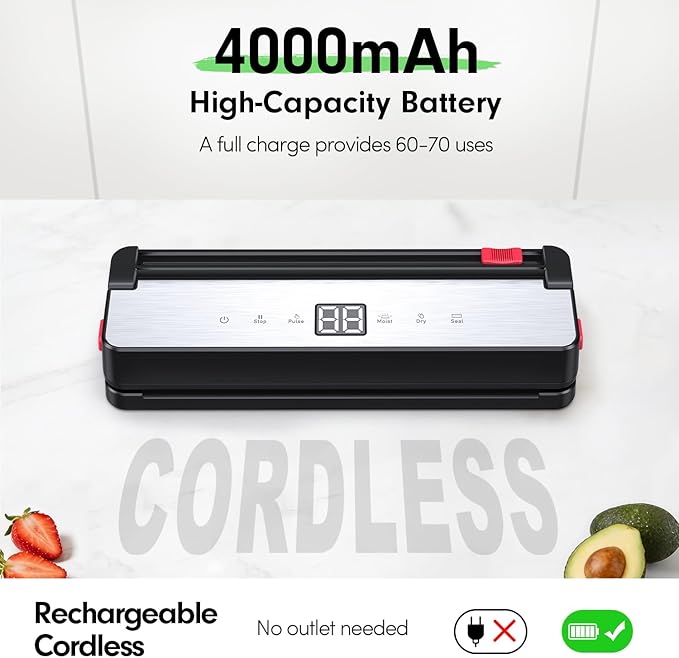 Portable Vacuum Sealer for Food Storage: 75kPa Suction Vacuum Sealer Machine - 4000mAh Rechargeable Battery for Home Kitchens Apartments RVs & Travel - Dry & Moist Food Modes, Built-in Cutter
