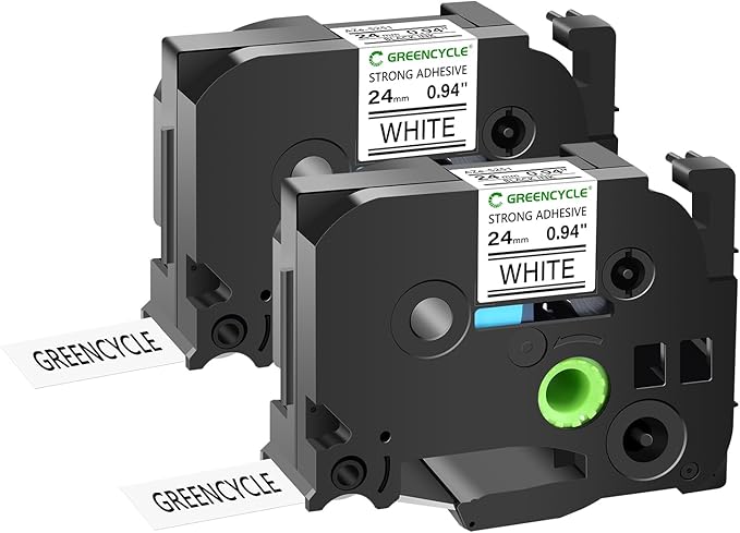 GREENCYCLE 2 Pack Extra Strength Adhesive Black on White Label Tape Compatible for Brother P-touch TZe-S251 TZ-S251 24mm 0.94 Laminated White Tape 1'' for PT-D600 D610BT D800W H500LI P700 P710BT P750W