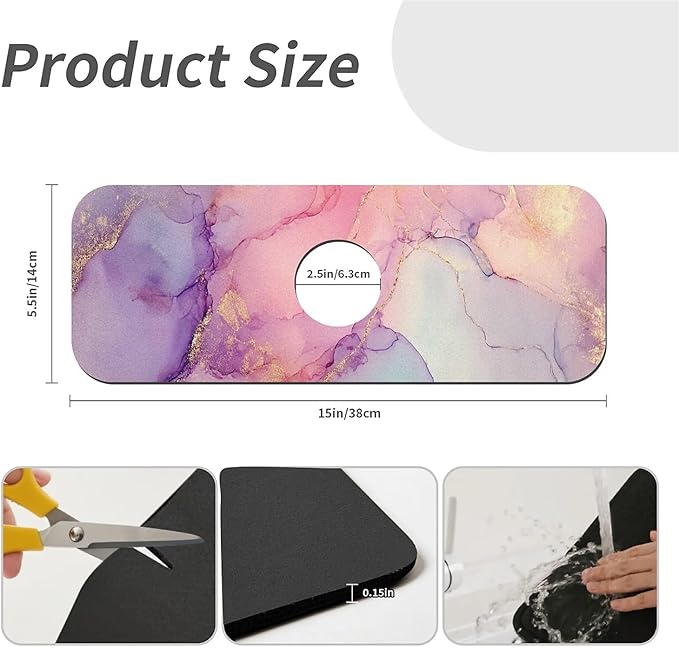 Kitchen Sink Splash Guard，Pink purple marble Faucet Mat Sink Gadgets-Super Absorbent Fast Drying Mat Drip Catcher for Kitchen, Bathroom,Sink Mat, Dish Drying Mat, Bathroom(15" X 5.5" )