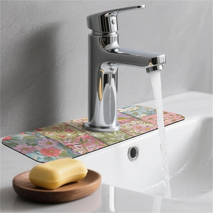 Kitchen Sink Splash Guard，Assembling flowers Faucet Mat Sink Gadgets-Super Absorbent Fast Drying Mat Drip Catcher for Kitchen, Bathroom,Sink Mat, Dish Drying Mat, Bathroom(15" X 5.5" )