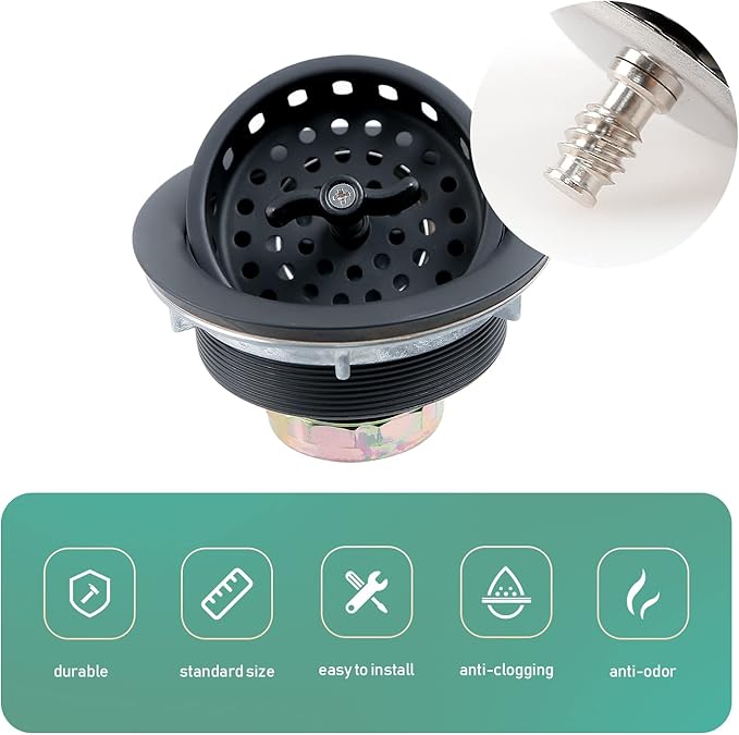 Watflow Black Kitchen Sink Drain Assembly with Sink Strainer 3-1/2 Inch and 304 Stainless Steel Screws, Fit for 3.5 Inch Kitchen Sink, All Stainless with Removable Strainer Basket and Drain Stopper…