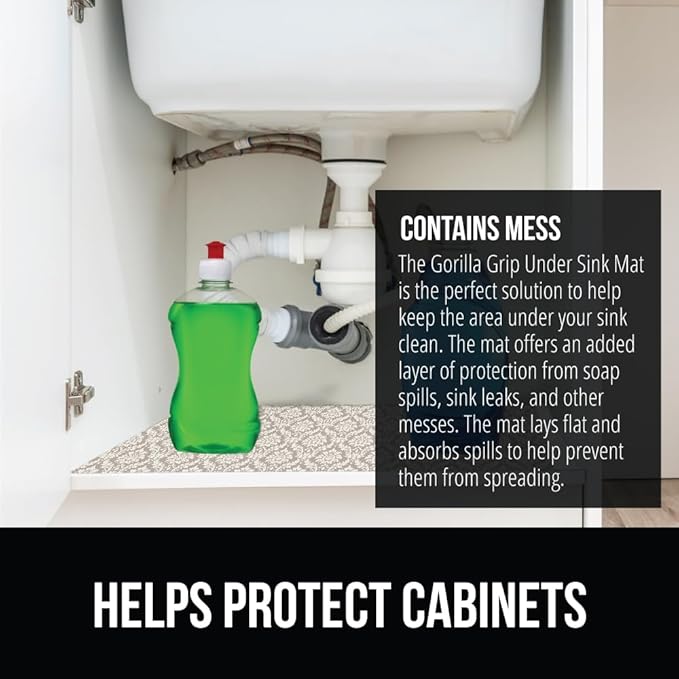 GORILLA GRIP LeakGuard Non-Adhesive Under Sink Mat for Kitchen Cabinet, Waterproof Quick Dry Shelf Liner, Durable Absorbent Felt Mats for Bathroom Sinks, Cabinets, Dresser, 24x24 Damask Taupe Cream